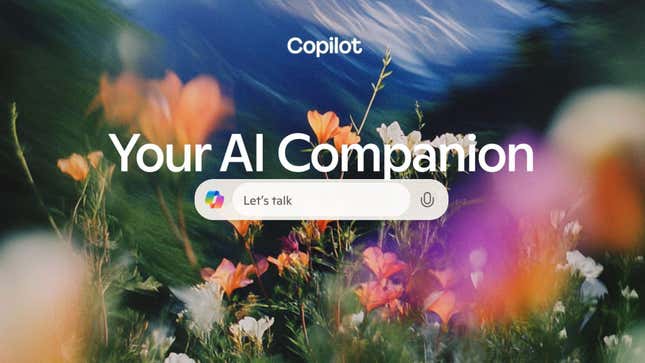 screenshot of copilot screen that says "Your AI Companion. Let's talk" under the Copilot heading and on a floral background