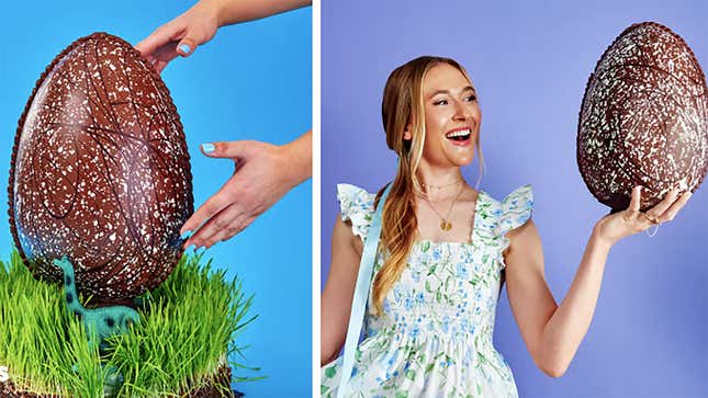 Two photos next to each other. On the left, a pair of hands reaches for a large chocolate dinosaur egg. On the right, a white, blonde woman holds the egg next to her to show it's bigger than her head and neck