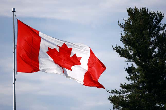 Canada flag blowing in the wind against a blue sky with cirrus clouds and part of a tree is on the right