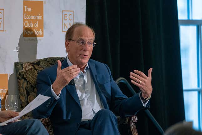 BlackRock CEO Larry Fink speaks at the Economic Club of New York on April 07, 2025, in New York City.