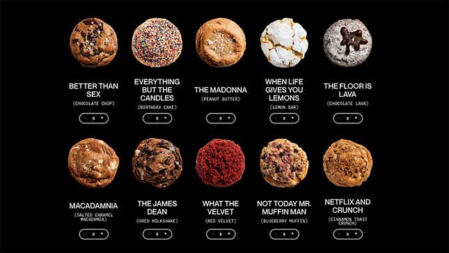 Two rows of five cut-out cookies on a black background with the cookie names underneath in white font
