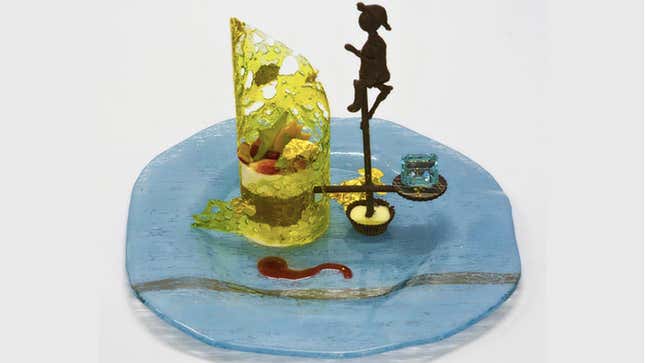 A multipiece dessert on a light blue plate
