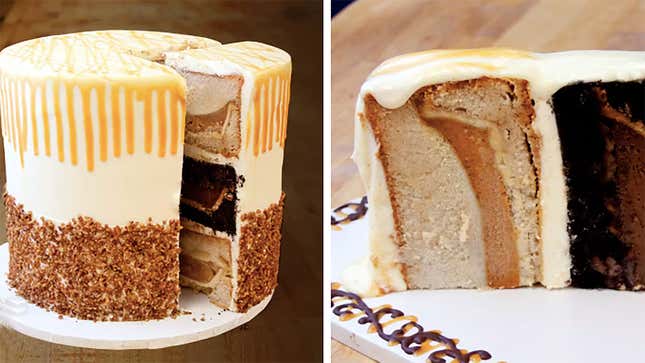On left: a piece pulled out of a cake to show three layers; on right: an up-close look at the cake layers